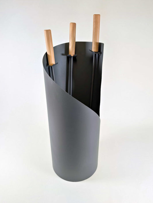 Kaminbesteck 3-teilig graue "Welle" mit hellen Holzgriffen