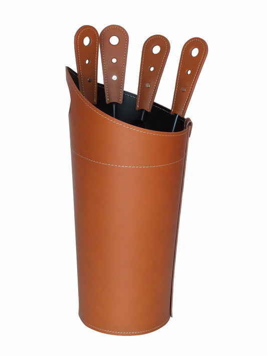 Set exklusive Holztrage und Kaminbesteck italienisches Leder