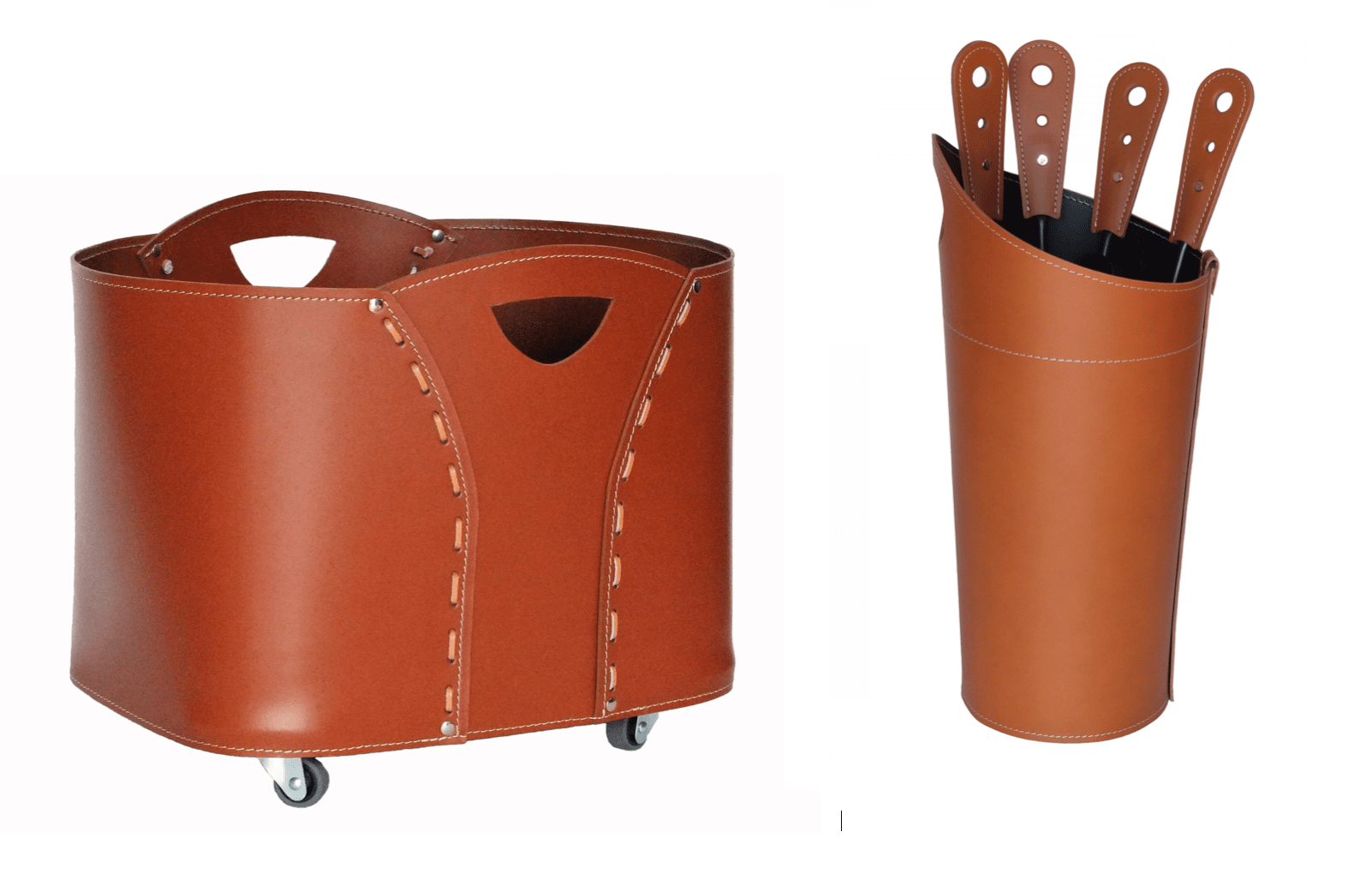 Set exklusive Holztrage und Kaminbesteck italienisches Leder – Kaminladen