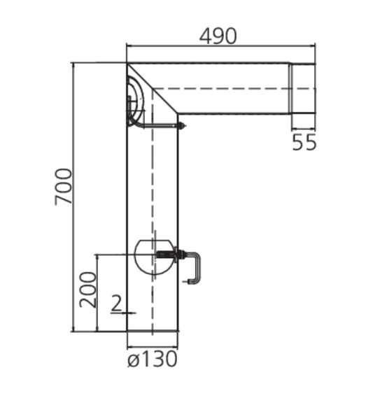 Winkelbogen 90° lang mit langem oberen Schenkel schwarz-metallic mit Tür + Drosselklappe